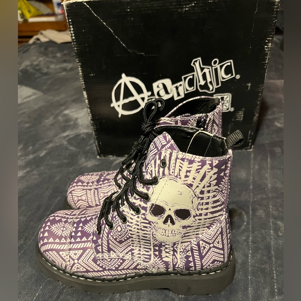 T.U.K Anarchic Purple Aztec Style Skull Combat Boots